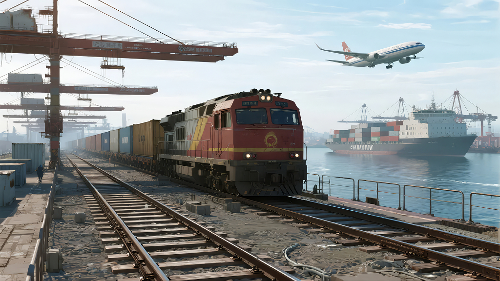 港口铁路飞机多式联运国际贸易物流背景