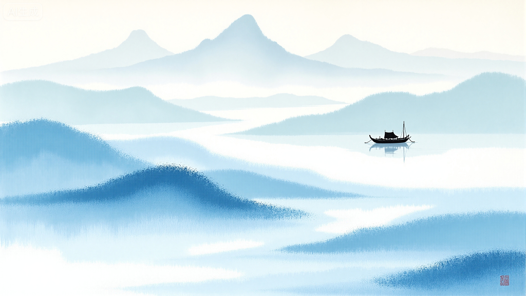 中国风禅意蓝色水墨波涛山川小船古风通用背景