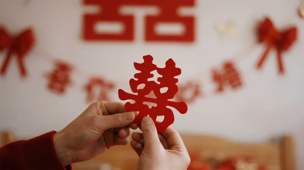 中式婚礼剪纸喜字传统习俗生活场景背景