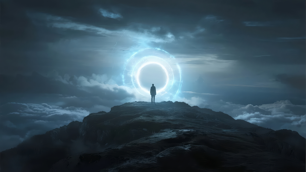 人物剪影山顶穿越时空门奇幻背景图
