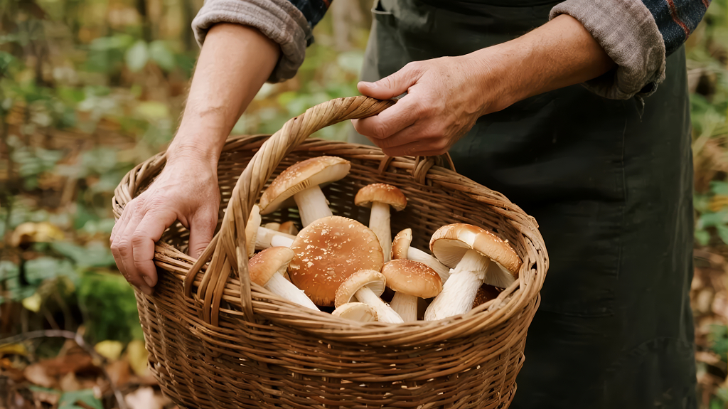采蘑菇篮子森林收获自然生活场景背景