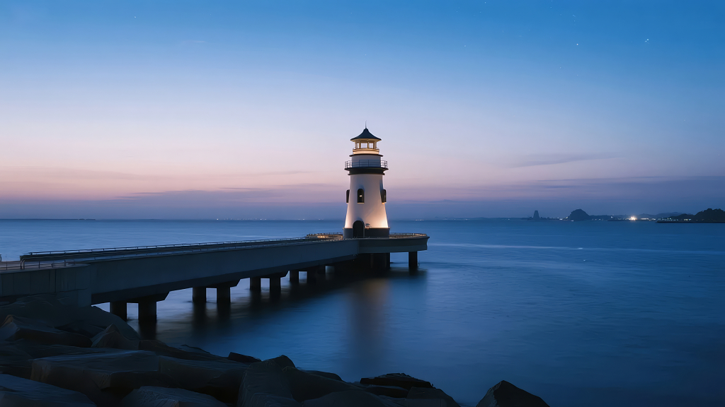 灯塔海边栈桥宁静唯美夜景风光背景