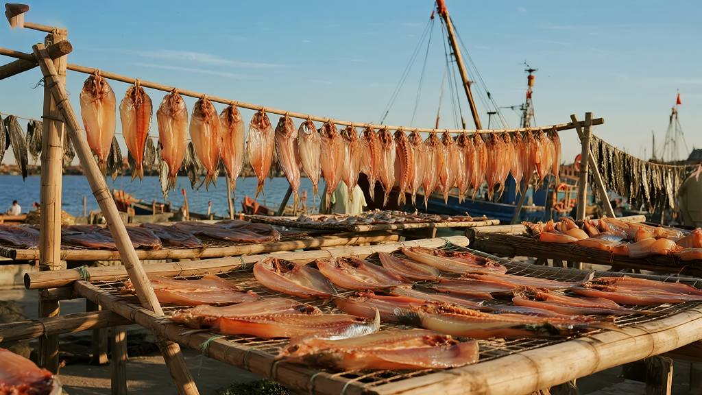 渔村晒鱼干传统手工艺生活场景背景图