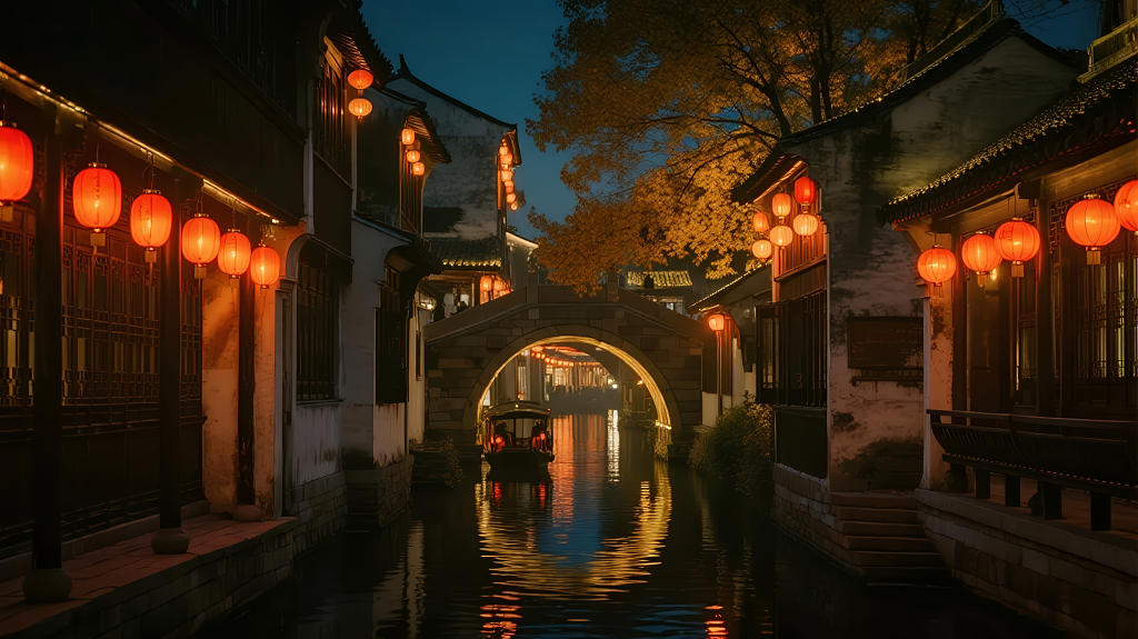 江南水乡古镇夜景灯笼旅游风背景