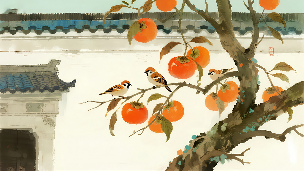 秋分柿子树麻雀嬉戏风水墨画意境