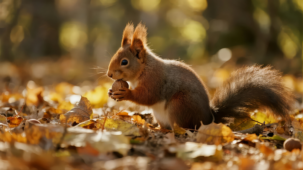 秋季松鼠吃坚果落叶可爱动物自然背景图