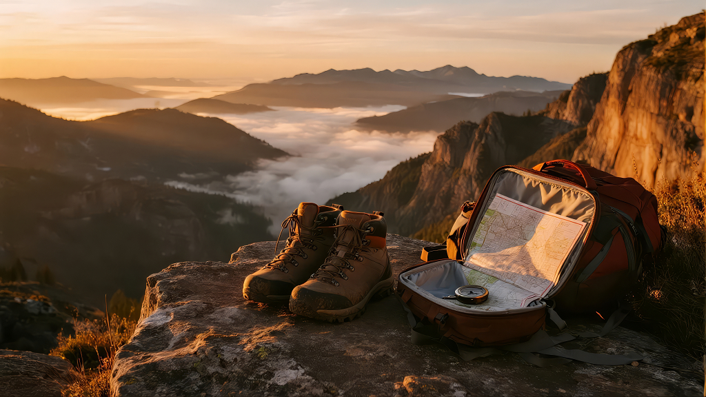 登山徒步山顶日出云海励志旅行背景图