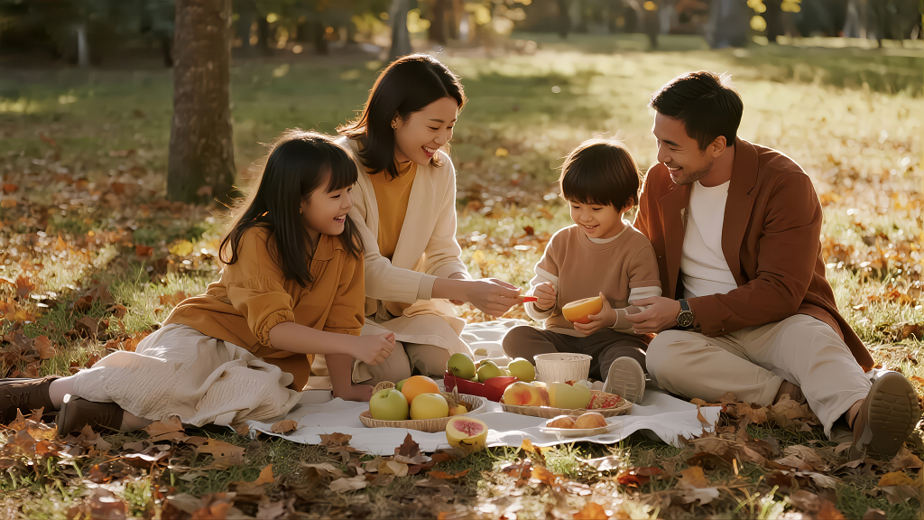 秋游家庭草地野餐温馨亲子活动生活场景
