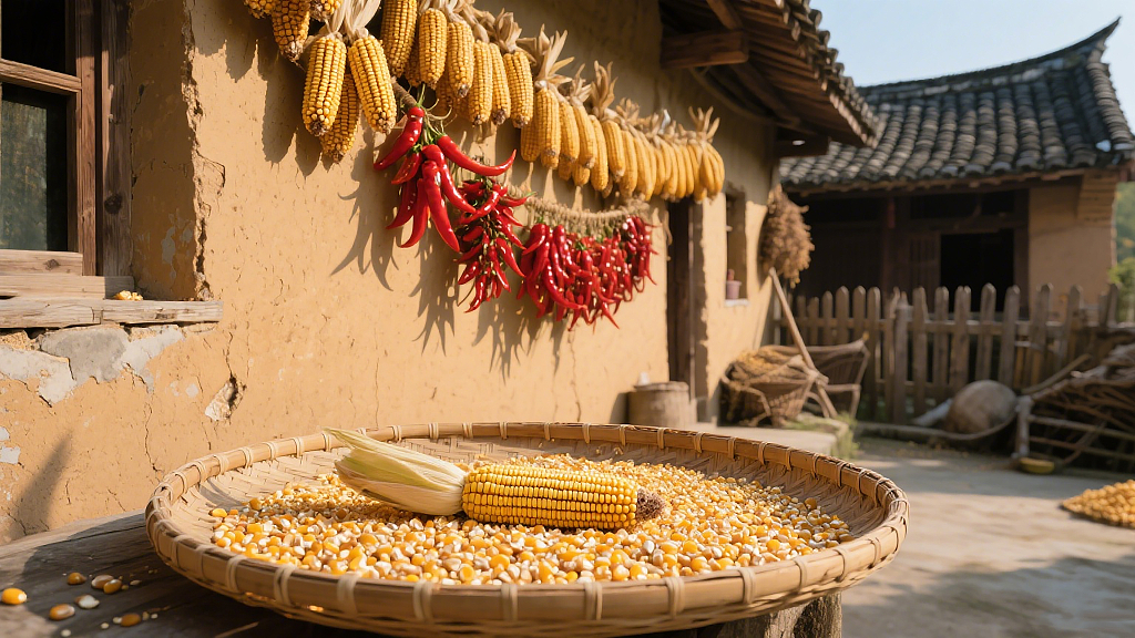 秋分丰收季农家晾晒的作物农家房屋外晾晒着玉米和红辣椒竹筐竹编