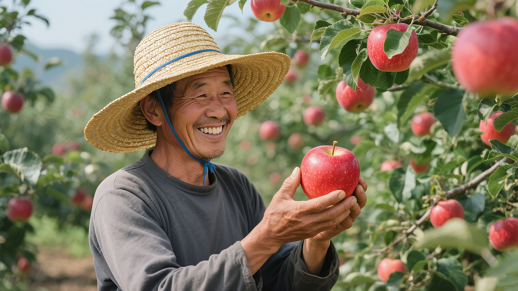 果农收获苹果果农头戴草帽在果园里手持刚摘下的红苹果面带笑容