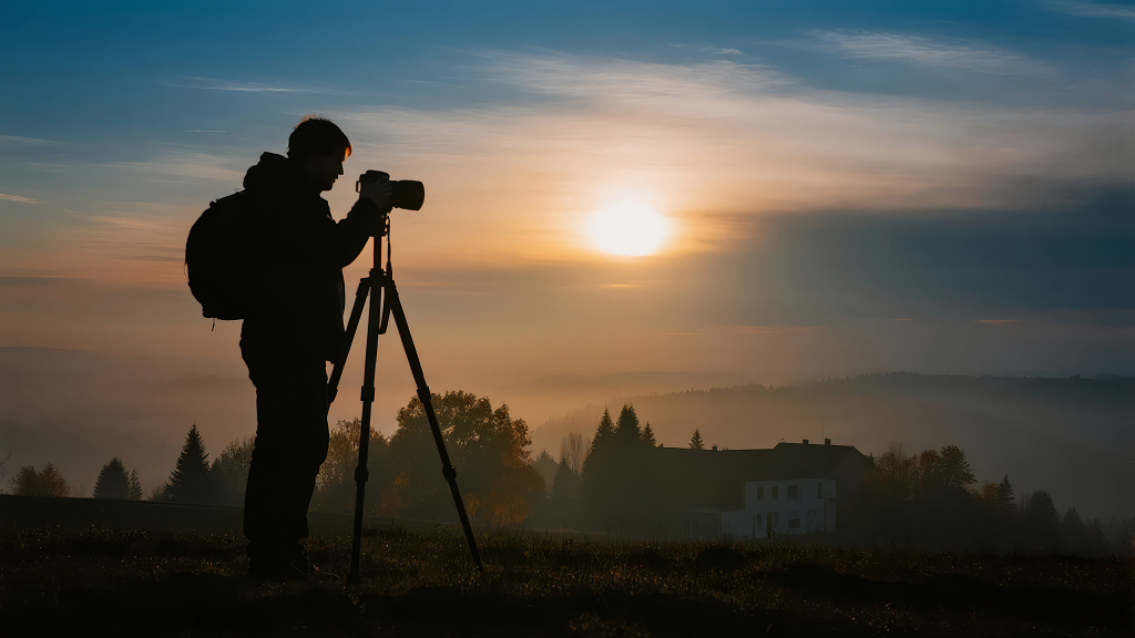 摄影师日出时分创作剪影旅行人像背景