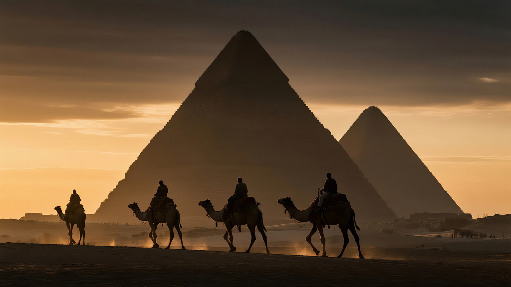 埃及金字塔沙漠骆驼日落旅游风光背景图
