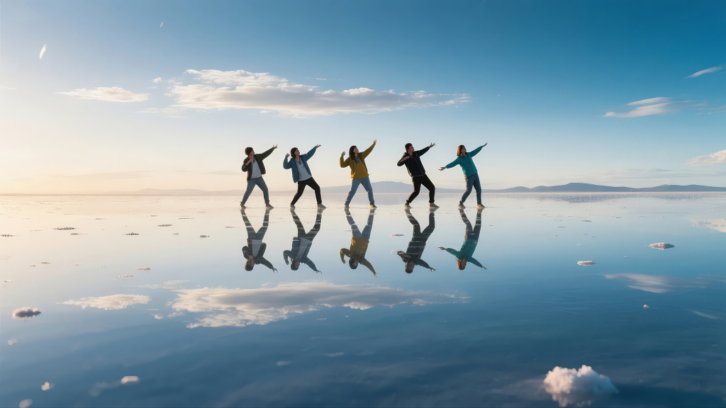 天空之镜团队剪影倒影旅行青春活力世界旅行日