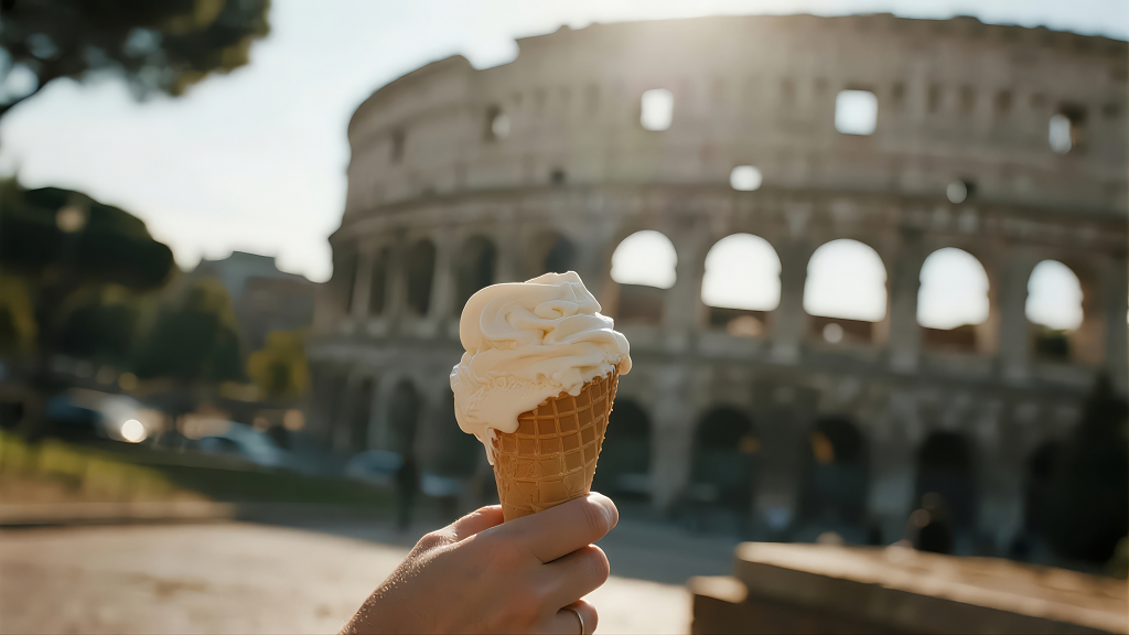 手持冰淇淋罗马斗兽场旅游生活场景背景