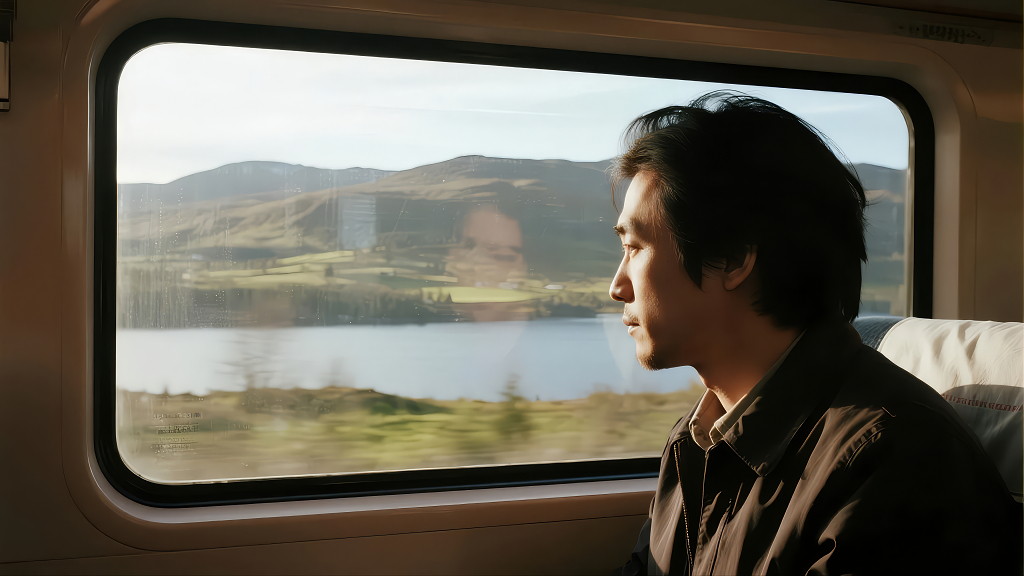 男子火车窗边旅行思考人生孤独背景图