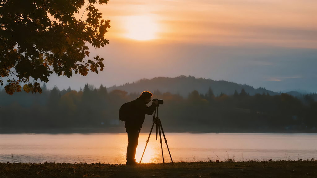 摄影师湖边日出创作剪影旅行人像背景