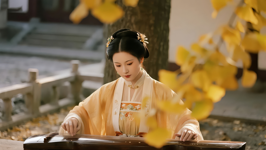 古装女子弹古琴银杏叶秋日艺术人像背景