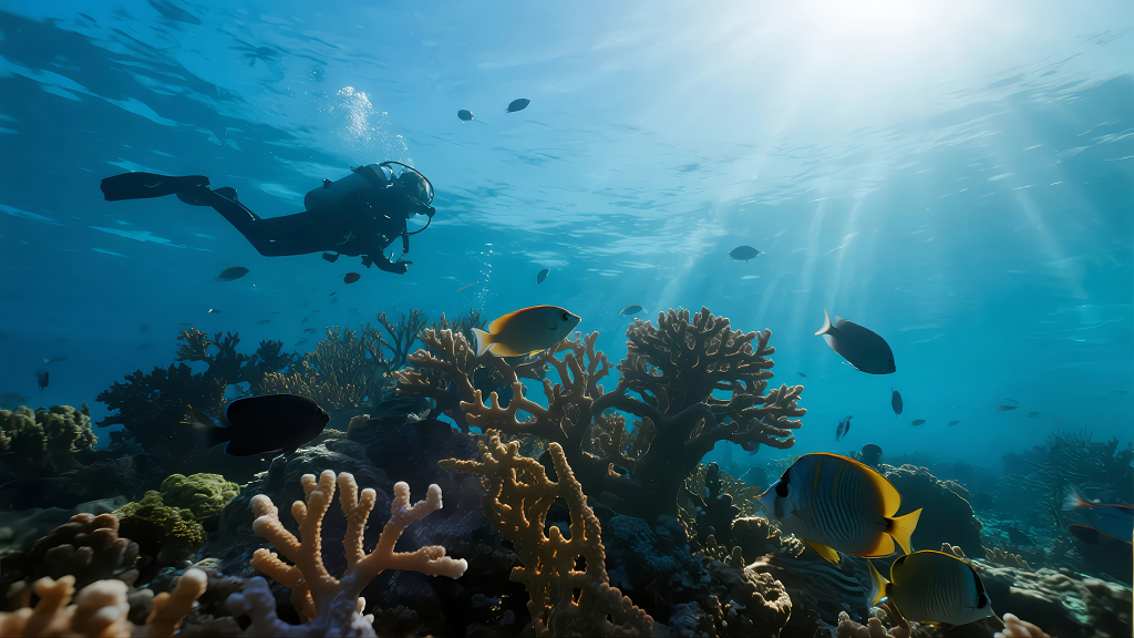 潜水员海底世界珊瑚礁探索运动背景图