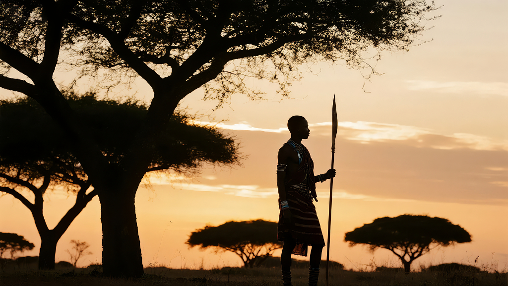 非洲马赛人战士日落剪影草原人像背景图