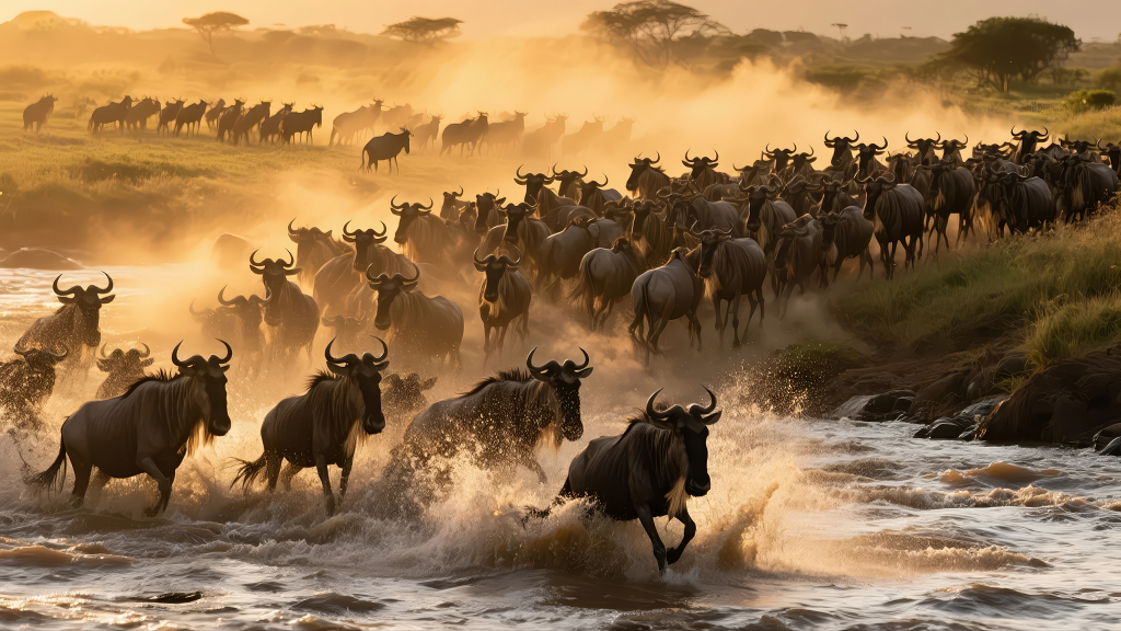 世界旅行日非洲角马大迁徙渡河动物世界壮观背景图