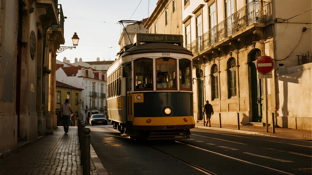 葡萄牙里斯本复古电车街道旅游生活场景