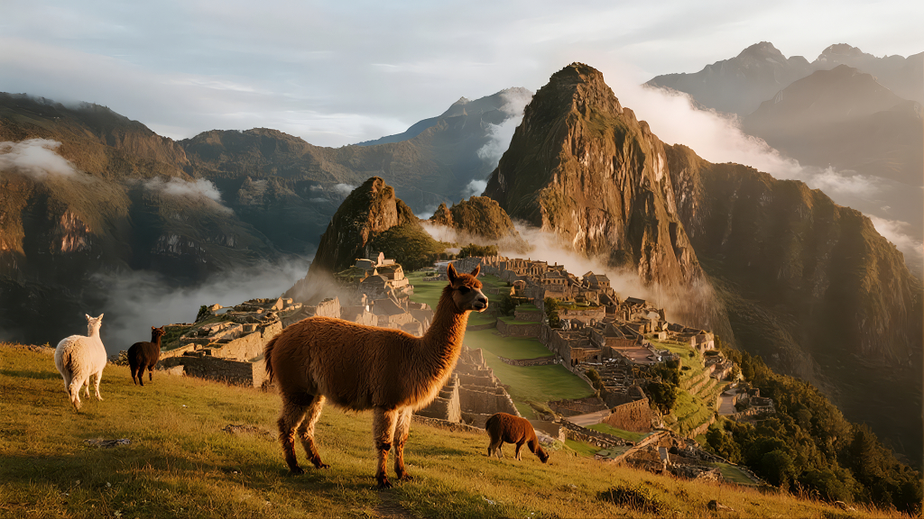 秘鲁马丘比丘羊驼印加遗址旅游风光背景