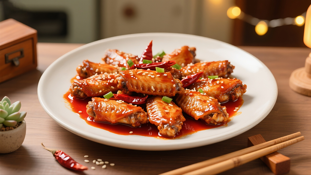 香辣鸡翅红烧鸡翅美食美味一个白色盘子里一盘鸡翅中