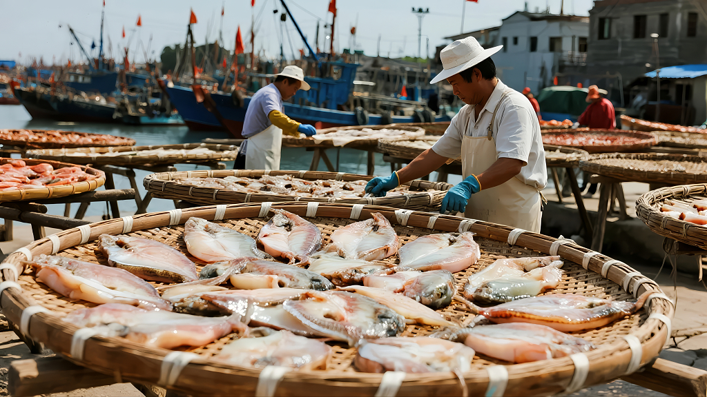渔民晒咸鱼传统手工艺劳动生活背景