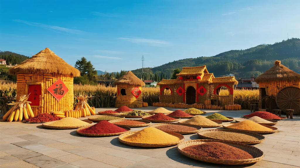 东北农家晒粮丰收喜悦生活场景背景