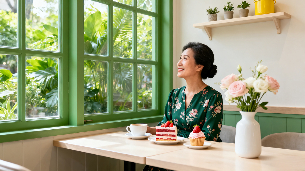 惬意的下午茶时光女士坐在窗边面前摆放着咖啡和装饰有草莓的蛋糕