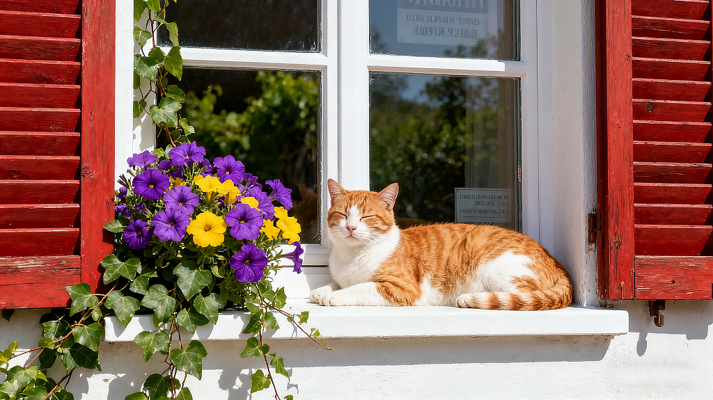 窗台小憩的猫咪一只橘白相间的小猫在铺有红百叶窗的窗台惬意休息