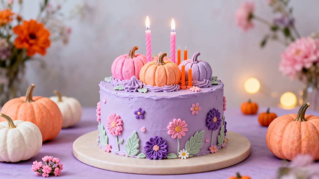 万圣节主题蛋糕紫色的蛋糕上装饰着彩色小南瓜花朵和点燃的蜡烛