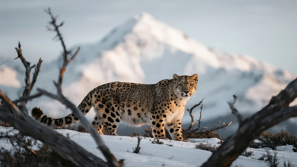 雪豹雪山野生动物自然生态保护背景图