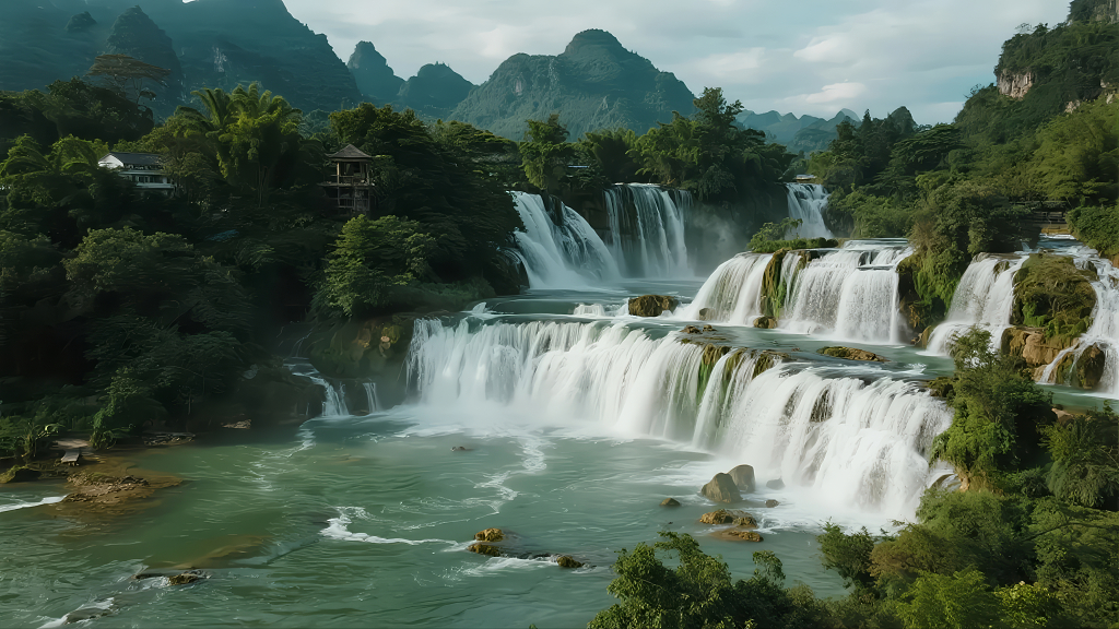 德天瀑布跨国瀑布壮丽自然风光旅游背景