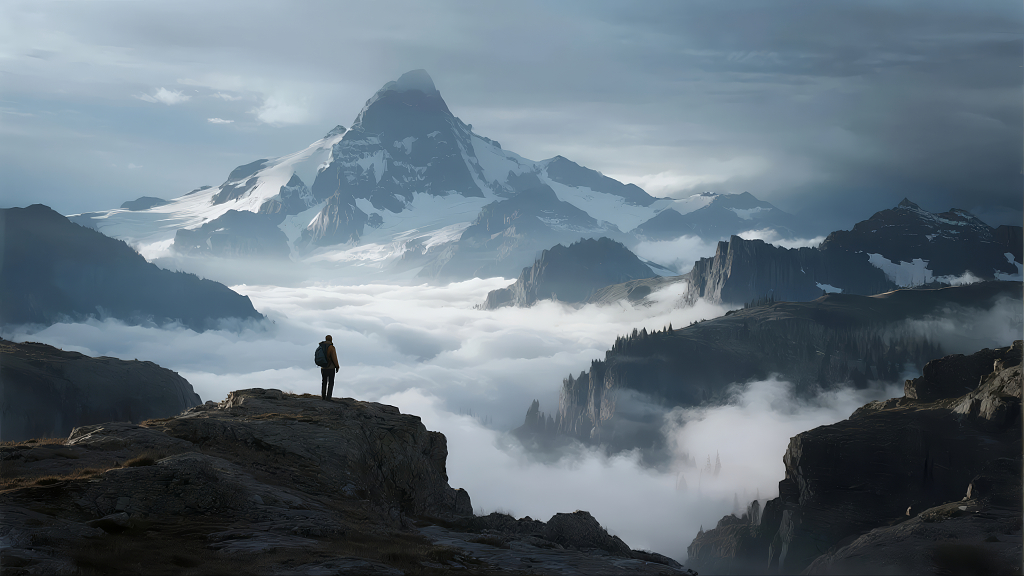 登山者雪山云海之巅探索挑战背景图