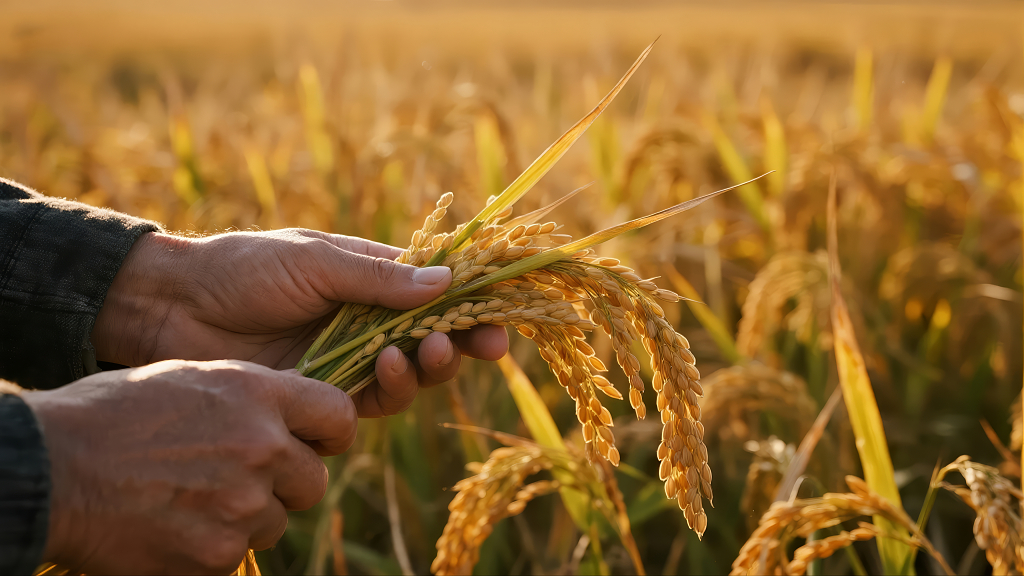 手捧稻谷丰收喜悦农业人像背景图