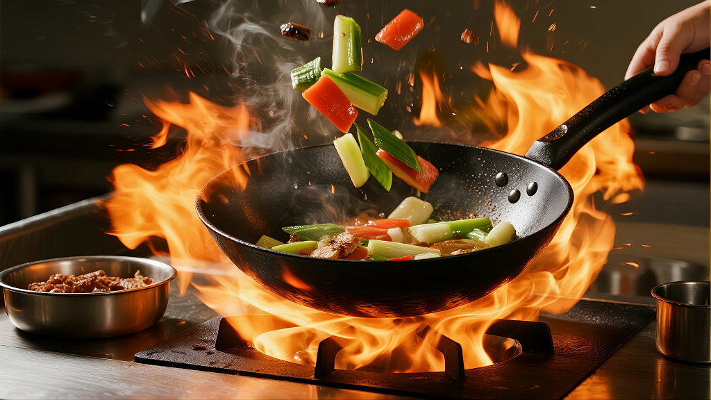 炒菜火焰颠勺中式烹饪美食背景图