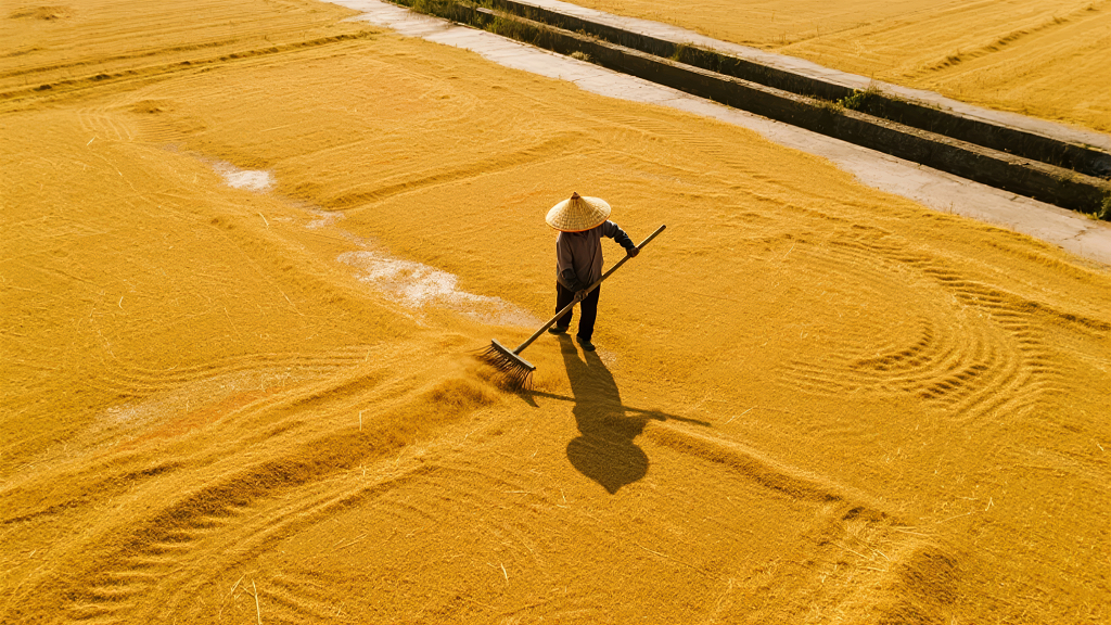农民晒谷子丰收喜悦农业背景图