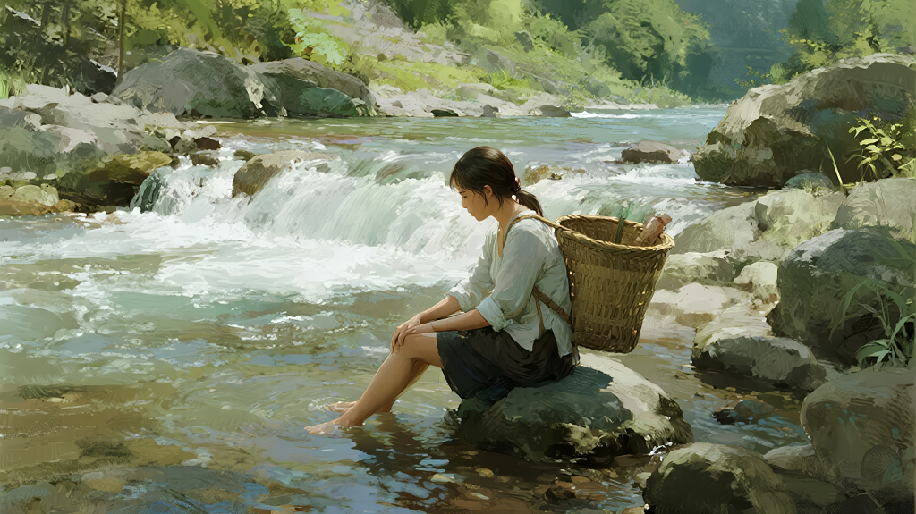 乡村女子溪边洗衣劳作淳朴生活场景背景