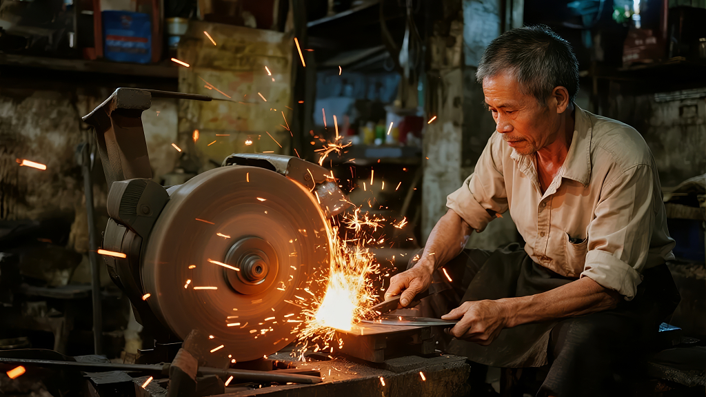 工匠磨刀火花四溅传统手工艺背景图
