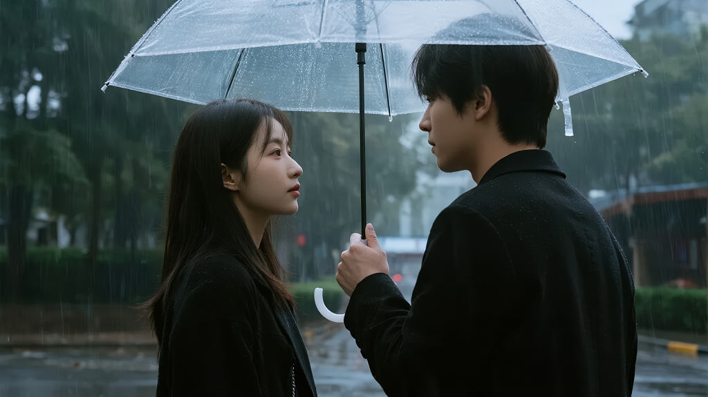 雨中情侣撑伞对视浪漫爱情背景图