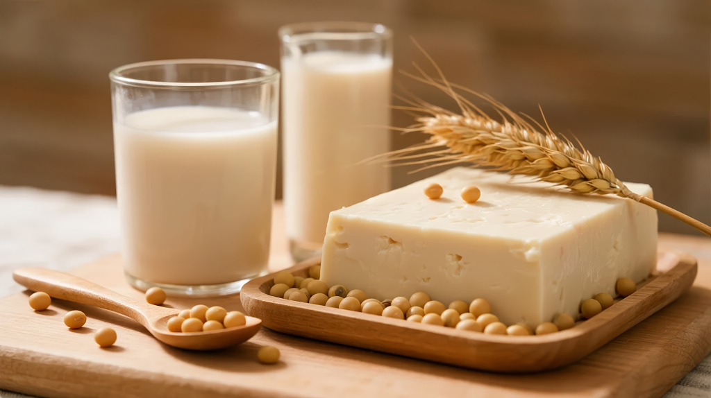 豆浆豆腐黄豆制品组成的营养早餐健康背景