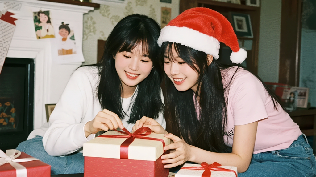 圣诞节闺蜜朋友互送礼物派对的快乐背景图