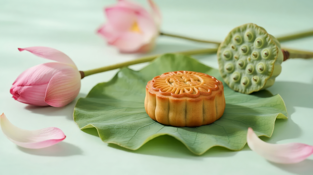 中秋节月饼莲花莲蓬的传统美食静物背景
