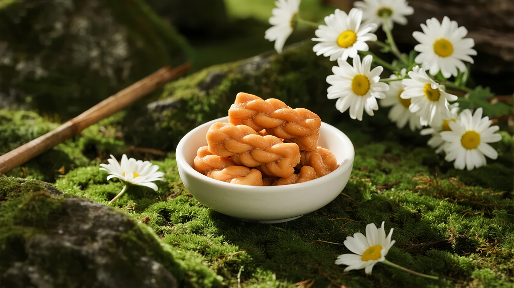 麻花雏菊中式点心下午茶的清新静物背景