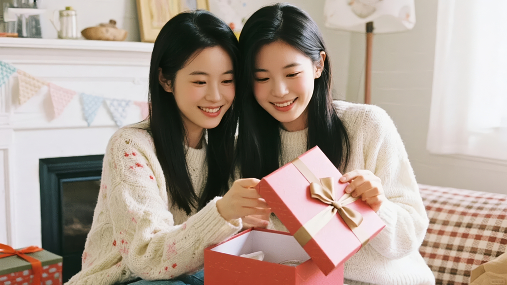 闺蜜朋友互送礼物惊喜快乐的温馨生活场景