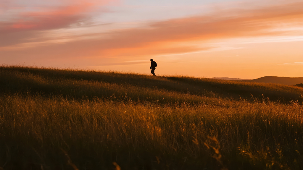 孤独行者在山顶眺望日落的励志人像背景