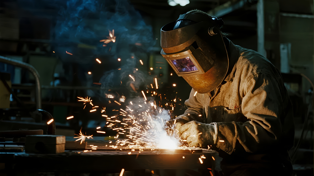 电焊工佩戴防护面罩辛勤劳作的工业背景