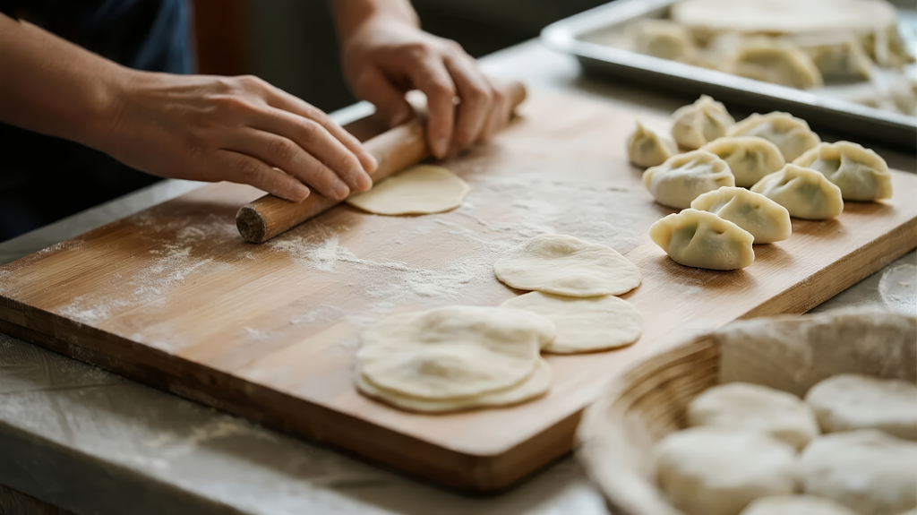 手工包饺子的传统美食家庭生活场景背景
