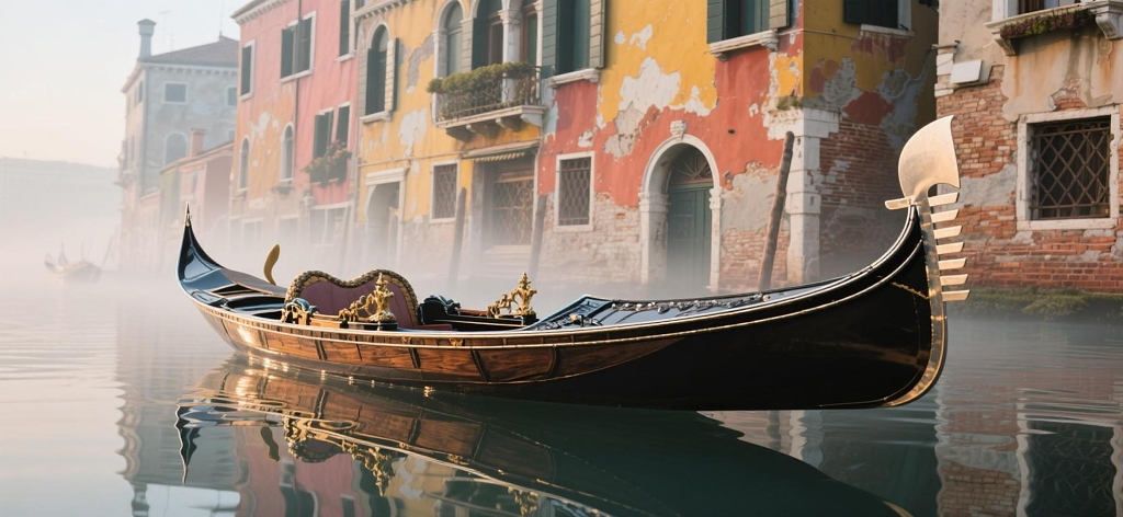 威尼斯晨雾中的贡多拉：彩色建筑与水巷游船的浪漫欧洲风光
